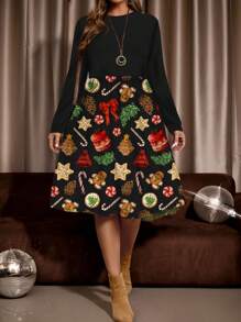 EMERY ROSE Christmas Floral Print Casual Slim Fit Round Neck Long Sleeve Plus Size Dress, Suitable For Autumn/Winter - Black - View 4