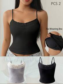 2pcs/Set Lace Patchwork Camisole Teen Girls Layered Tops