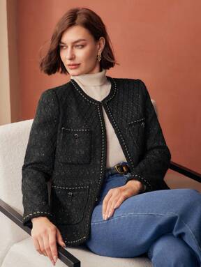 MOTF PREMIUM SEQUIN TWEED CHAIN TRIM PATCH POCKET JACKET