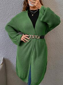 SHEIN LUNE 大码女式纯色长袖宽松针织开衫，秋冬季休闲款 - 綠色 - 查看 3