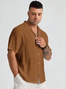 Mainfolk Plus Size Plain Button Front Casual Woven Short Sleeve Shirt - Brown - View 5