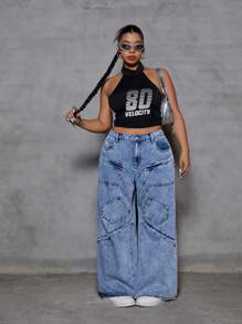 SHEIN ICON Pantalones vaqueros casuales, holgados y versátiles con bolsillos para mujer en tallas grandes