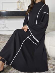 Al Najma Saudi Arabia Style Striped Patchwork Elegant Long Dress, Dubai Fashion Women Dress, Autumn/Winter Kaftan Jalabiya Dress - Black - View 7