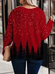 EMERY ROSE Camiseta de manga larga con cuello en V para mujer talla grande, con estampado casual suelto de árbol de Navidad y copa de vino tinto, adecuada para el atuendo navideño de otoño/invierno