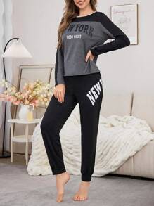 Conjunto de pijama informal de manga larga con bloqueo de color y estampado de lema