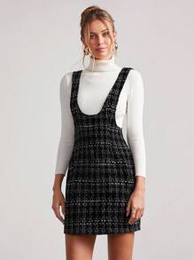 SHEIN Clasi Váy yếm kẻ caro ngắn thanh lịch dành cho nữ - Đen và trắng - Xem 4