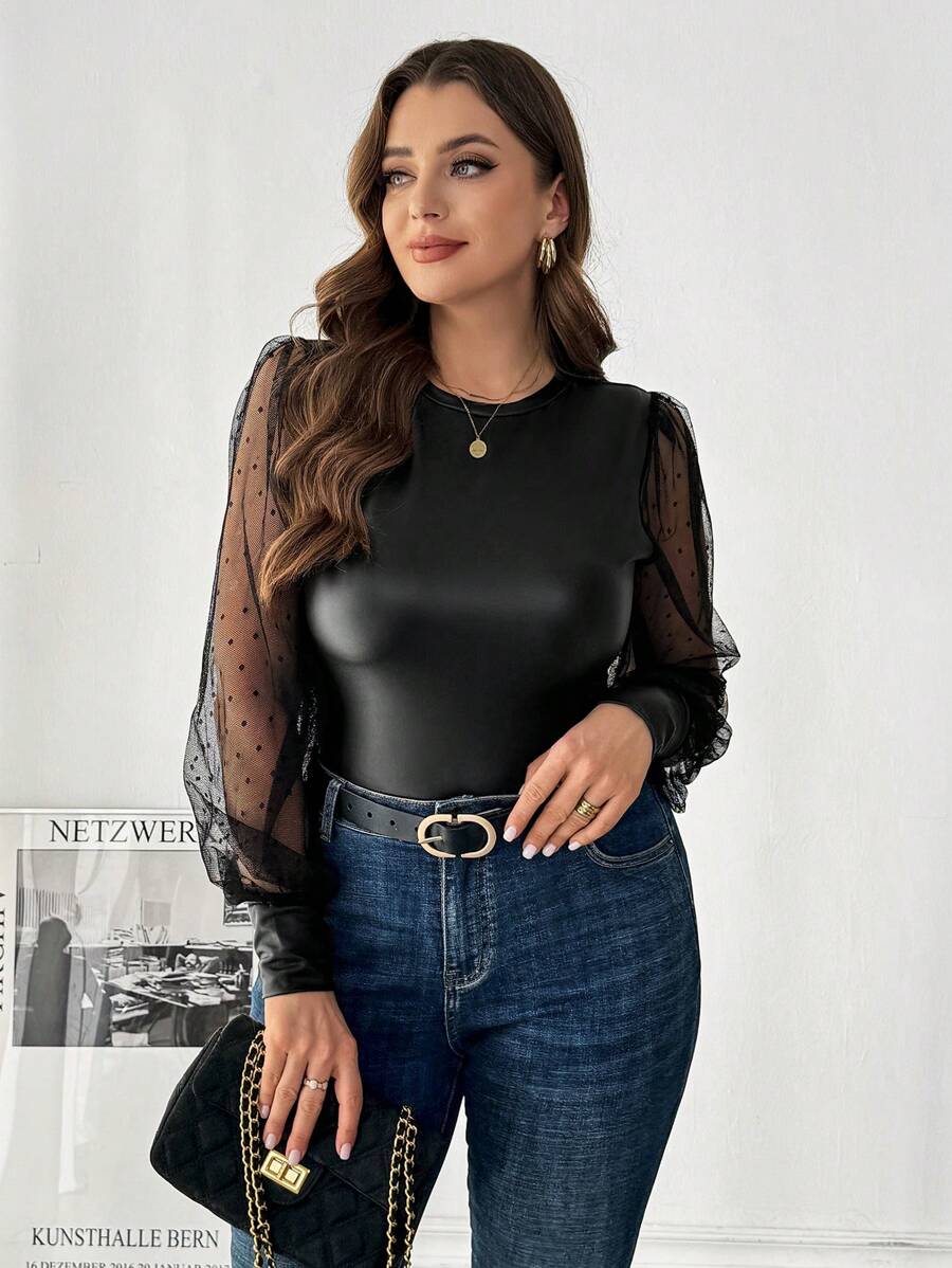 Firerie Áo sơ mi Plus Size Tương phản Mesh màu trơn Thanh lịch - màu đen - Xem 1