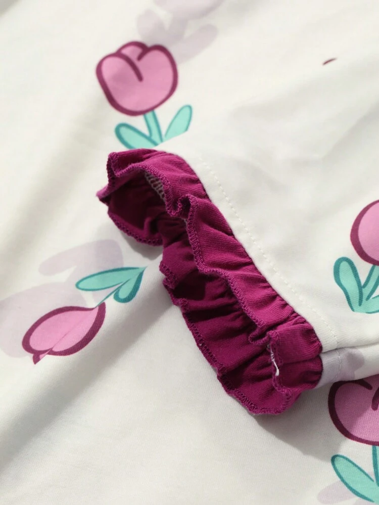 Cute Tulip Pattern All-Over Print Contrast Trim Design Loose Fit Nightgown Pajama