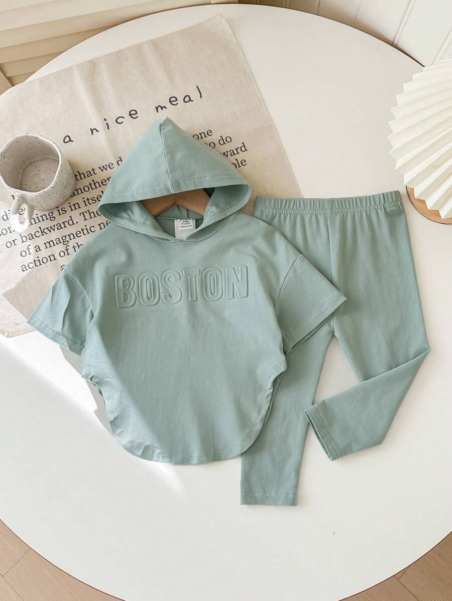 SHEIN Baby Girls Solid Color Knitted Hoodie Top And Elastic Waist Long Pants 2 Pieces Set, Spring/Summer - Green - View 1