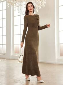 Modelyn Women's Floral Patchwork Fitted Extra Long Dress Maxi Women Outfit Long Evening Dresses Fall Cloth For Women - Brown - View 5