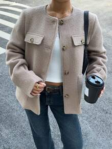 SHEIN Essnce Winter Women's Solid Color Style Blended Short Coat Single-Breasted Large Pocket Long-Sleeved Jacket Suitable For Daily Travel And Commuting