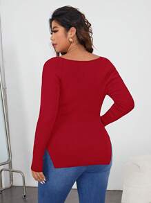 SHEIN Essnce 大码套头衫圆领长袖开衩下摆针织纯色 - 紅色 - 查看 2