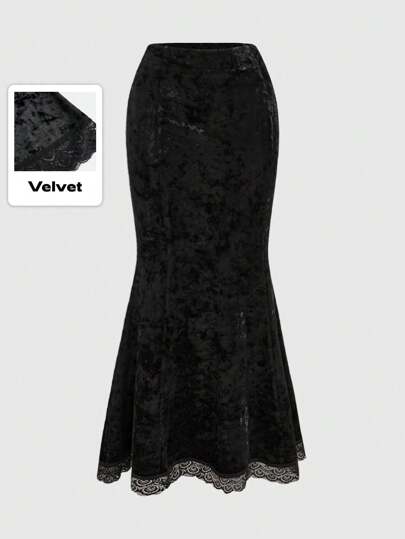 Goth Women's Retro Glamorous Diamond Velour Splice Lace Trim Mermaid Hem Skirt, Palace Style