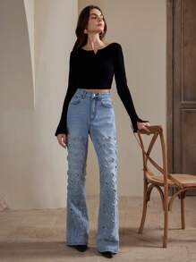 Anewsta Stylish Vintage Flared Leg Women Jeans - Blue - View 1