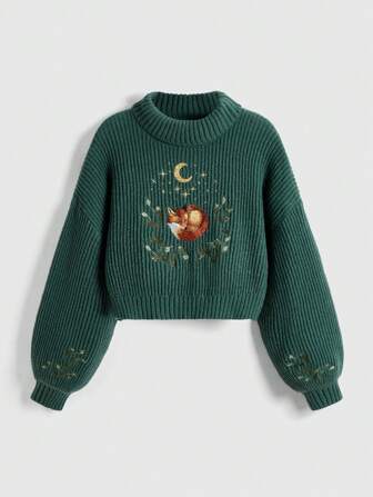 Fairycore Suéter informal de otoño/invierno para mujer talla grande con bordado de zorro y flores