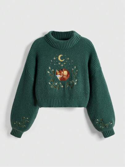 Fairycore Suéter corto de cuello alto casual con bordado de zorro para mujer, otoño/invierno