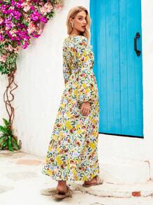 Vivid Eden Women's V-Neck Plant Print Lantern Sleeve Tie-Up Long Dress, Perfect For Vacation,Vacation Outfits For Women
