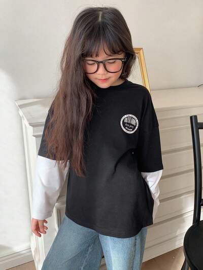 Conjunto de 2 piezas para niña preadolescente con camiseta de estampado de letras en colores contrastantes