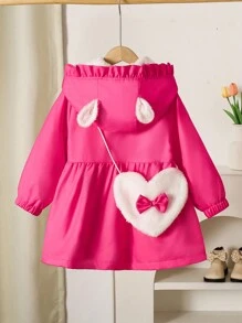 SHEIN Girls' Winter Warm Hooded Jacket,Thickened Long With Frill Edging,Cute Bear Print,Heart-Shaped Backpack,Career Day,Suitable For Daily Wear - Hot Pink - View 2
