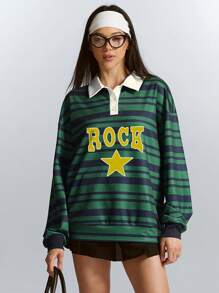INAWLY Women's Letter & Striped Print Contrast Color Casual Long Sleeve T-Shirt Graphic Tees Women Tops For Spring Fall Cloth For Women - Multicolor - View 4