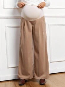 SHEIN Adjustable Waist Maternity Loose Fit Color Block Wide Leg Pants - Khaki - View 6