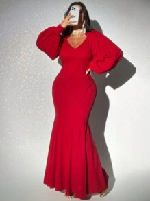 Viva Relle Plus Size Fitted V-Neck Mermaid Dress, Solid Color For New Year Clothes Maxi Women Outfit