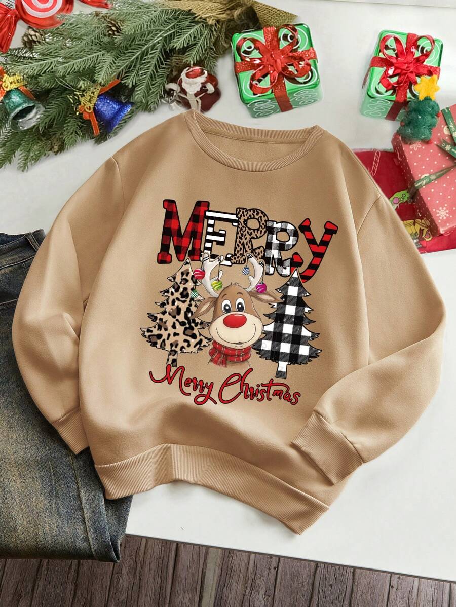 INAWLY 女士圆领圣诞树格子常规款运动衫，长袖，秋冬款