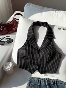 Comfortcana Ladies New Striped Button Front Sleeveless Vest