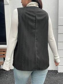 SHEIN Essnce 女士大码黑白条纹背心西装外套 - 黑與白 - 查看 2