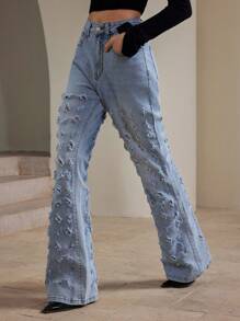Anewsta Stylish Vintage Flared Leg Women Jeans - Blue - View 5