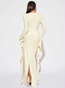 SHEIN SXY Vestido elegante con pliegues en un diseño de nudo retorcido en color albaricoque para otoño/invierno