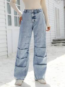 SHEIN LUNE Jeans rectos de cintura baja de unicolor y pliegues, de uso versátil y casual - Lavado ligero - Ver 7