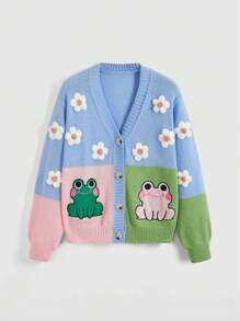 ROMWE Kawaii Plus Size Embroidered Frog & 3D Floral Colorblock Cardigan, For Winter - Blue - View 1