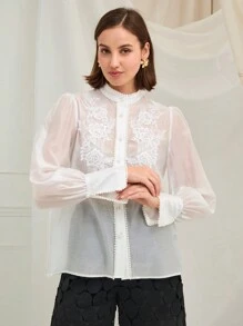 Enchnt Vrouwen kant patchwork staande kraag voorkant knoop doorschijnend lange mouw shirt