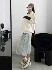 SHEIN EZwear 1pc Women Fleece Half-Zip Contrast Color Sweatshirt - Beige - View 2