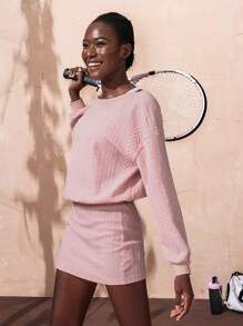 VARSITIE Vestido activo de mujer con cuello redondo, sin espalda, manga larga y cintura para el invierno y la Navidad, con estampado de jacquard en rosa - Rosa - Ver 3