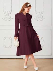 2pcs/Set Teenage Girls Elegant Short Lapel Double-Breasted Blazer Jacket & High Waisted Long Skirt