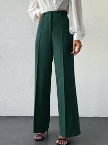 EURMUSE Women Solid Color Button Up Front Simple Design Casual Long Pants, Everyday Wear - Dark Green - View 3