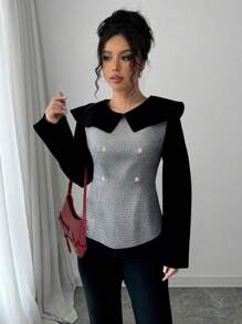SHEIN Unity 女式拼色彼得潘领格子印花优雅长袖衬衫 - 黑色 - 查看 4