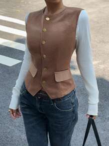 SHEIN Essnce Chaleco de pana para mujer en colores otoñales, chaqueta exterior estilo nómada, chaleco de pana ajustado marrón para mujer - Marrón - Ver 6