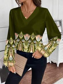 Felipe Marques Artist Women Casual Green Print Blouse, Suitable For Autumn/Winter, Holiday, New Year, Thanksgiving, Vacation, Spring & Summer, Beach, Festival, Spring Break, Ibiza Fits, Rave Western Wear - Green - View 3