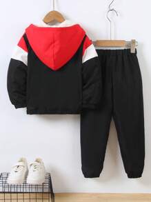 SHEIN Young Boys Hooded Fleece Jacket And Pants 2 Pieces Outfit Suit, Suitable For 4-7 Years Old Boys In Autumn, Spring And Winter. This Set Features A Contrast Color Design, With Soft And Skin-Friendly Material - Multicolor - View 2