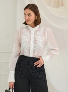 Enchnt Vrouwen kant patchwork staande kraag voorkant knoop doorschijnend lange mouw shirt