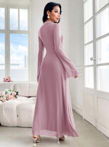 Modelyn Dusty Pink Women Solid Color Asymmetrical Collar Long Sleeve Dress, Elegant Long Evening Dresses Dinner Autumn - Pink - View 2