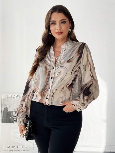 Plus Marble Print Button Front Shirt