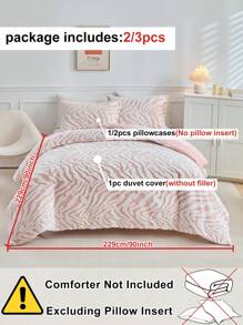 2/3 件粉色斑马提花羊羔绒羽绒被套套装，现代简约风格涤纶法兰绒羽绒被套枕套套装，柔软温暖，适合秋冬季，大号（1/2 个枕套 + 1 个羽绒被套） - 粉色 - 查看 4