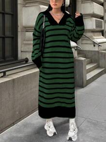 SHEIN LUNE Plus Size Women Casual Fashion Slimming Mid-Length Two-Tone Half Zip Sweater Dress, Autumn/Winter Fall Cloth For Women