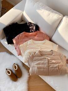 SHEIN EZwear Plus Size Women Button-Up Khaki Down Jacket, Casual Everyday Wear, Winter