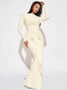 SHEIN SXY Vestido elegante con pliegues en un diseño de nudo retorcido en color albaricoque para otoño/invierno
