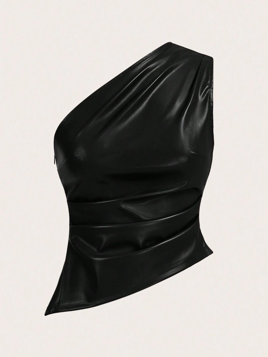 SHEIN X Belinda Siren Gaze Top con un solo hombro plisado de PU color burdeos, top adelgazante con cintura fruncida para mujeres